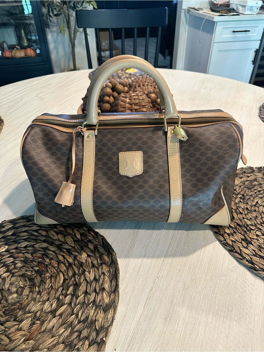 Celine Brown Monogram Canvas Duffel with Tan Leather Trim